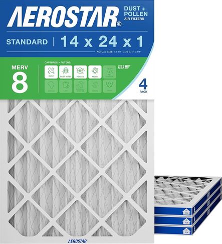فلتر هواء Aerostar 14x24x1 MERV 8 مطوي، فلتر هواء فرن التيار المتردد، 4 عبوات (الحجم الفعلي: 13 3/4 بوصة × 23 3/4 بوصة × 3/4 بوصة)، أبيض in Kuwait