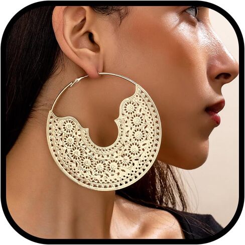Chunky Hoop Earrings for Women Statement Gold Bohemian Geometric Hollow Circle Dangle Drop Earrings Vintage Trendy Jewelry in Saudi Arabia