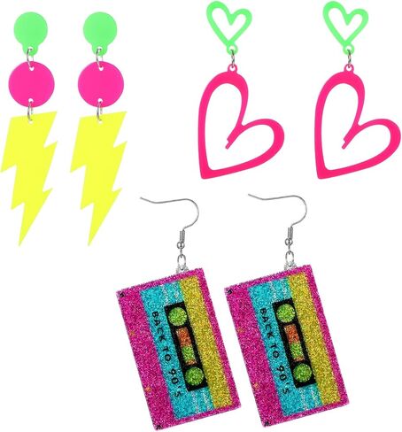 3 Pairs 80 s 90 s Earrings for Women, Glow Party Neon Earring Hoop Hollow Lightning Heart Hoop Earrings Accessories Neon Jewelry for Christmas Halloween Costume Outfits in Kuwait