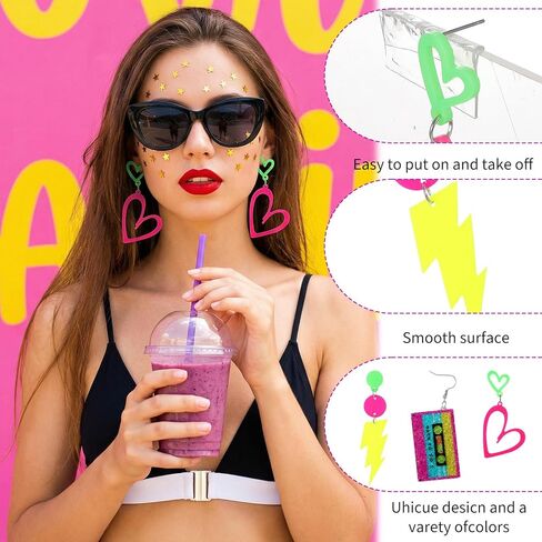 3 Pairs 80 s 90 s Earrings for Women, Glow Party Neon Earring Hoop Hollow Lightning Heart Hoop Earrings Accessories Neon Jewelry for Christmas Halloween Costume Outfits in Kuwait