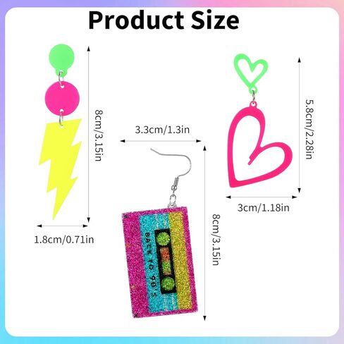 3 Pairs 80 s 90 s Earrings for Women, Glow Party Neon Earring Hoop Hollow Lightning Heart Hoop Earrings Accessories Neon Jewelry for Christmas Halloween Costume Outfits in Kuwait