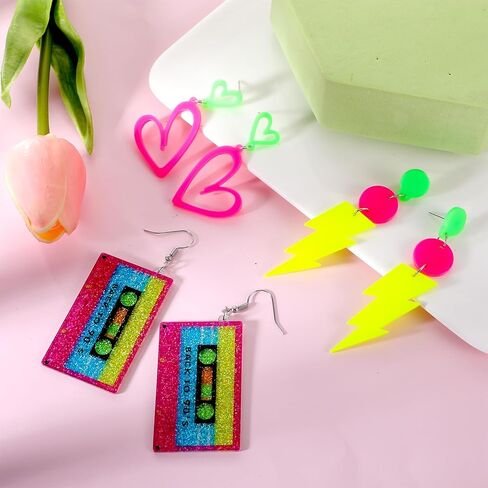 3 Pairs 80 s 90 s Earrings for Women, Glow Party Neon Earring Hoop Hollow Lightning Heart Hoop Earrings Accessories Neon Jewelry for Christmas Halloween Costume Outfits in Kuwait