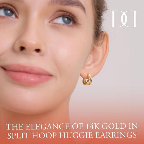 MINDDHA Split Hoop Earrings for Women – Sterling Silver Post - Dainty 14K Gold Plated Lightweight Huggie Earrings for Everyday Wear | Elegant Jewelry Gift, 14mm Diameter in Kuwait
