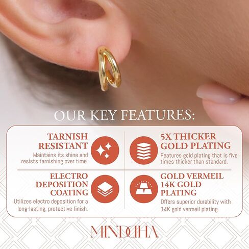 MINDDHA Split Hoop Earrings for Women – Sterling Silver Post - Dainty 14K Gold Plated Lightweight Huggie Earrings for Everyday Wear | Elegant Jewelry Gift, 14mm Diameter in Kuwait