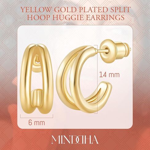 MINDDHA Split Hoop Earrings for Women – Sterling Silver Post - Dainty 14K Gold Plated Lightweight Huggie Earrings for Everyday Wear | Elegant Jewelry Gift, 14mm Diameter in Kuwait