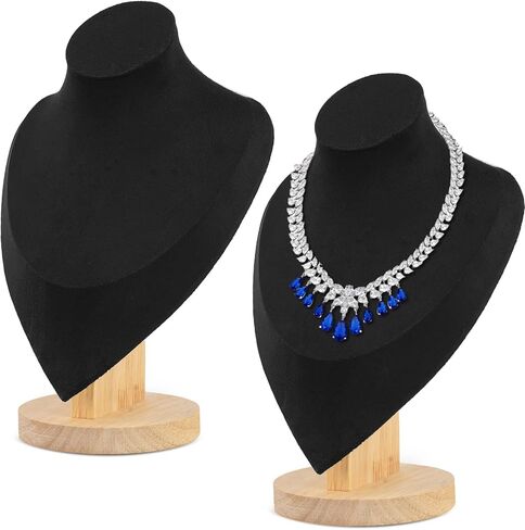 FACULX 2 Pcs Velvet Jewelry Display Bust Necklace Display, Wooden Base Jewelry Bust Display Holder Stands, Necklace Organizer Display for Vendors, Selling, Trade Shows (Black) in Kuwait