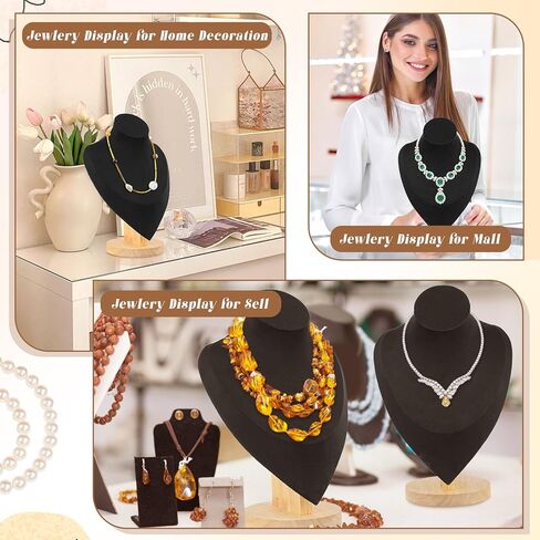 FACULX 2 Pcs Velvet Jewelry Display Bust Necklace Display, Wooden Base Jewelry Bust Display Holder Stands, Necklace Organizer Display for Vendors, Selling, Trade Shows (Black) in Kuwait