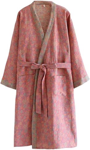 PRINCESS BRIDE Large Yarn-dyed Jacquard Muslin Japanese Robe Breathable Nightgown Kimono Robe Yukata Cozy Bathrobe for Women(Pink) in Kuwait