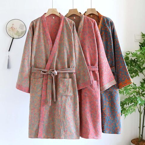 PRINCESS BRIDE Large Yarn-dyed Jacquard Muslin Japanese Robe Breathable Nightgown Kimono Robe Yukata Cozy Bathrobe for Women(Pink) in Kuwait