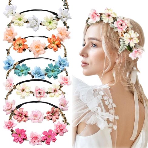 Crown for Girls & Women, Pink Headband & Headpiece for Weddings, Bridesmaids, Flower Girls, Tea Party, Bavarian Festival, Boho Floral Hair Accessories, 6 PCS in Kuwait