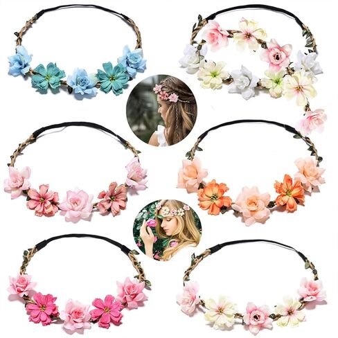 Crown for Girls & Women, Pink Headband & Headpiece for Weddings, Bridesmaids, Flower Girls, Tea Party, Bavarian Festival, Boho Floral Hair Accessories, 6 PCS in Kuwait