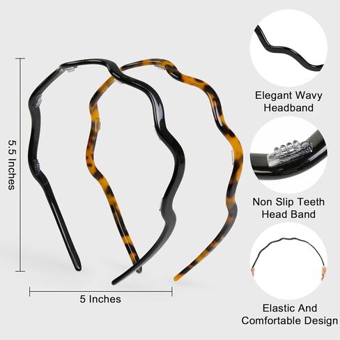 WOVOWOVO 2 Pcs Wavy Headbands for Women, Comfortable Skinny Head Bands for Womens Hair, Acetate Hairbands with Teeth Non Slip, Classic Black Tortoiseshell Hair Accessories in Kuwait