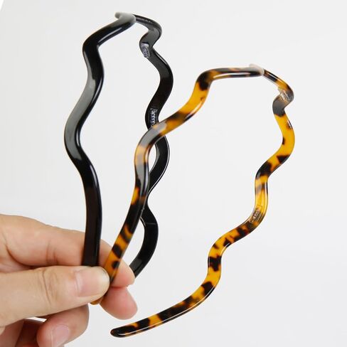 WOVOWOVO 2 Pcs Wavy Headbands for Women, Comfortable Skinny Head Bands for Womens Hair, Acetate Hairbands with Teeth Non Slip, Classic Black Tortoiseshell Hair Accessories in Kuwait