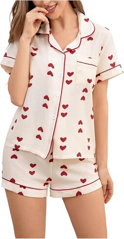 SOLY HUX Women's Pajama Set Heart Print Pjs Button Up Shirt and Shorts Two Piece Lounge Set in Saudi Arabia