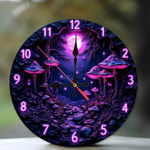 ساعة حائط غابة فطر نيون أرجوانية مقاس 10 بوصة، حركة صامتة، تعمل بالبطارية (بطاريات AA غير متضمنة)، ديكور منزلي فني، مثالية لهجات المنزل in Kuwait