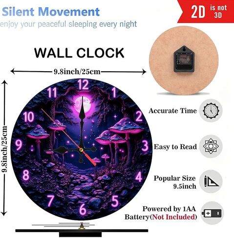 ساعة حائط غابة فطر نيون أرجوانية مقاس 10 بوصة، حركة صامتة، تعمل بالبطارية (بطاريات AA غير متضمنة)، ديكور منزلي فني، مثالية لهجات المنزل in Kuwait