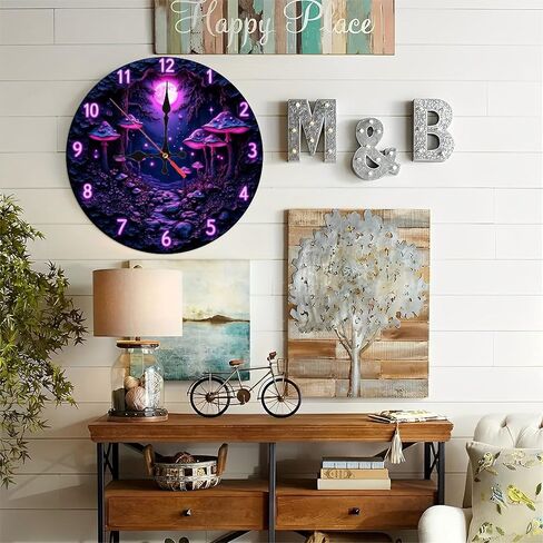 ساعة حائط غابة فطر نيون أرجوانية مقاس 10 بوصة، حركة صامتة، تعمل بالبطارية (بطاريات AA غير متضمنة)، ديكور منزلي فني، مثالية لهجات المنزل in Kuwait