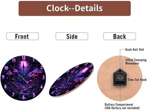 ساعة حائط غابة فطر نيون أرجوانية مقاس 10 بوصة، حركة صامتة، تعمل بالبطارية (بطاريات AA غير متضمنة)، ديكور منزلي فني، مثالية لهجات المنزل in Kuwait