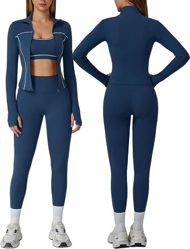 Workout Sets for Women 3 Piece Contrast Long Sleeve Jacket with Sports Bra High Waisted Yoga Leggings Active Jogger Outfits in Saudi Arabia