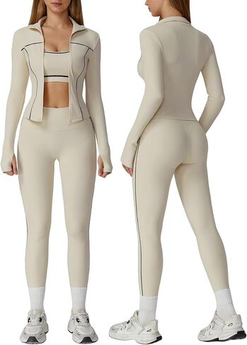 Workout Sets for Women 3 Piece Contrast Long Sleeve Jacket with Sports Bra High Waisted Yoga Leggings Active Jogger Outfits in Saudi Arabia