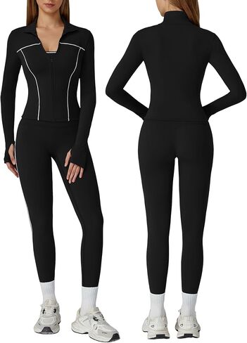 Workout Sets for Women 3 Piece Contrast Long Sleeve Jacket with Sports Bra High Waisted Yoga Leggings Active Jogger Outfits in Saudi Arabia
