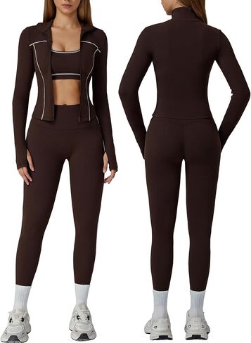 Workout Sets for Women 3 Piece Contrast Long Sleeve Jacket with Sports Bra High Waisted Yoga Leggings Active Jogger Outfits in Saudi Arabia