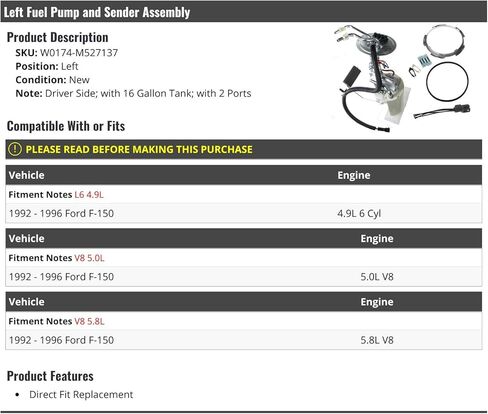 Left Driver Side Fuel Pump and Sender Assembly - with 2 Ports - Compatible with 1992-1996 Ford F-150 (with 16 Gallon Tank) in Saudi Arabia