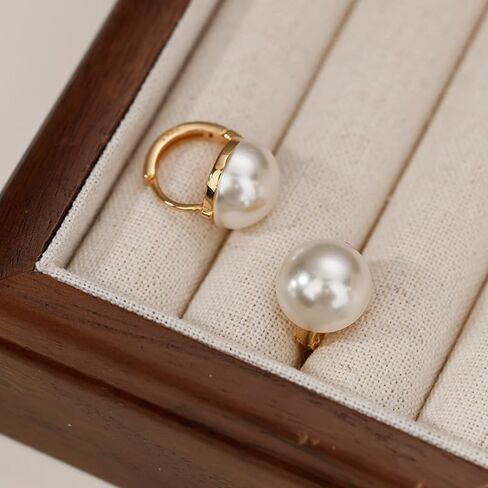 18K Gold Plated Hoop Earrings with Imitation Pearl – Classic Round Stud Hoop Earrings for Women in Kuwait