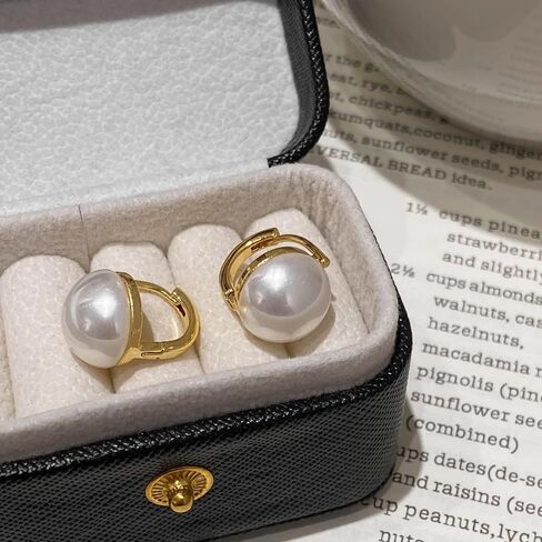 18K Gold Plated Hoop Earrings with Imitation Pearl – Classic Round Stud Hoop Earrings for Women in Kuwait