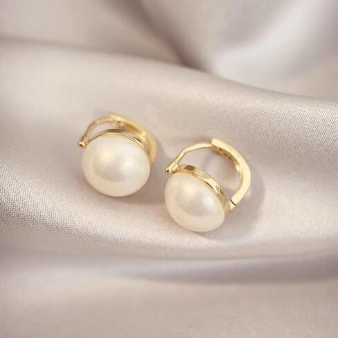 18K Gold Plated Hoop Earrings with Imitation Pearl – Classic Round Stud Hoop Earrings for Women in Kuwait