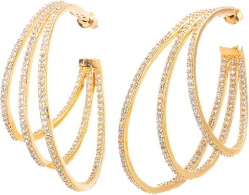 Triple Row Cubic Zirconia Big Round Hoop Earrings, Luxury Statement Dangle Jewelry for Women Wedding Party in Saudi Arabia