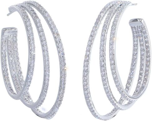 Triple Row Cubic Zirconia Big Round Hoop Earrings, Luxury Statement Dangle Jewelry for Women Wedding Party in Saudi Arabia