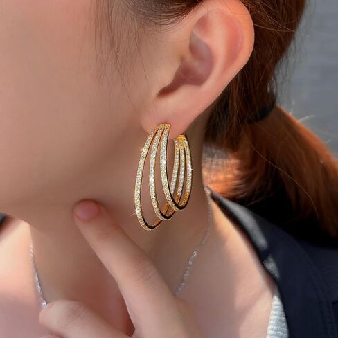Triple Row Cubic Zirconia Big Round Hoop Earrings, Luxury Statement Dangle Jewelry for Women Wedding Party in Saudi Arabia