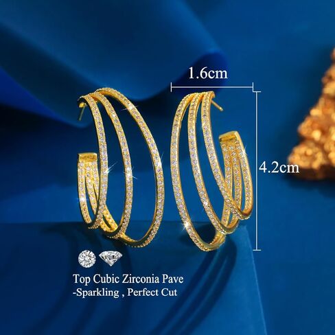 Triple Row Cubic Zirconia Big Round Hoop Earrings, Luxury Statement Dangle Jewelry for Women Wedding Party in Saudi Arabia