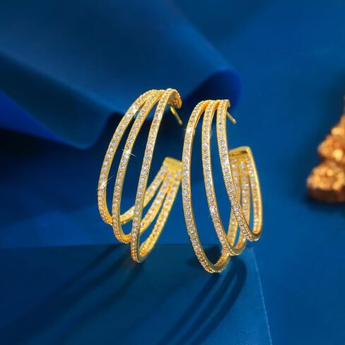 Triple Row Cubic Zirconia Big Round Hoop Earrings, Luxury Statement Dangle Jewelry for Women Wedding Party in Saudi Arabia