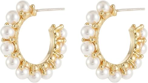 14K Gold Plated Earrings for Women Trendy White Pearl Earrings for Women Small Huggie Hoop Earrings Lightweight Open Circle Round Pearl Studs Earring Jewelry for Gift for Women Lover Wife Mom Birthday in Kuwait