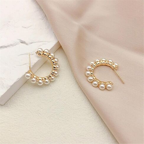 14K Gold Plated Earrings for Women Trendy White Pearl Earrings for Women Small Huggie Hoop Earrings Lightweight Open Circle Round Pearl Studs Earring Jewelry for Gift for Women Lover Wife Mom Birthday in Kuwait