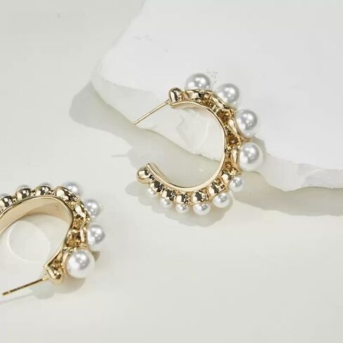 14K Gold Plated Earrings for Women Trendy White Pearl Earrings for Women Small Huggie Hoop Earrings Lightweight Open Circle Round Pearl Studs Earring Jewelry for Gift for Women Lover Wife Mom Birthday in Kuwait