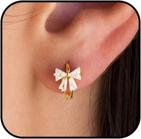 Gold Bow Hoop Earrings for Women Cute Cubic Zirconia Bowknot Earrings Dainty Rhinestone Ribbon Bow Huggie Earrings Unique Birthday Jewelry Gift in Kuwait