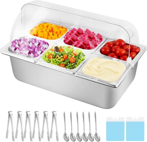 YMJOINMX Countertop Ice Food Serving Display Container 6 Pans 2 Ice Packs Cooled Condiment Dispenser Salad Dressing Cold Serving Appetizer Cooler Spice Food Display Rack Sauce Organizer for Buffet in Kuwait