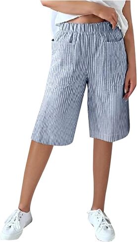 Women Striped Bermuda Shorts Knee Length Elastic Waist Casual Summer Wide Leg Beach Vacation Lounge Beach Short Pants in Saudi Arabia
