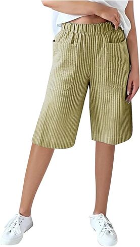 Women Striped Bermuda Shorts Knee Length Elastic Waist Casual Summer Wide Leg Beach Vacation Lounge Beach Short Pants in Saudi Arabia
