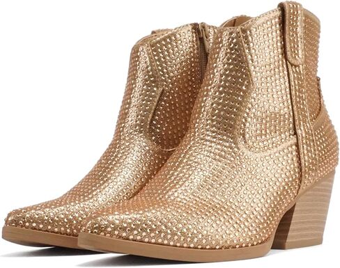 Soda “BREW" ~ Women Pointed Toe Low Heel Rhinestone Western Ankle Boot with Side Zipper in Saudi Arabia