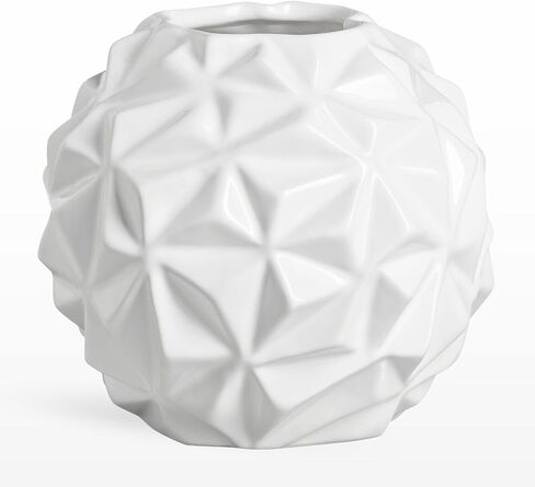 Torre & Tagus Crumple White Round Vase with Faceted Textures - 6" Dx5.25 H Tall Modern White Ceramic Vase for Home Decor as Ball Flower Vase with Geometric Design on Coffee Table, Entryway, or Shelf in Kuwait