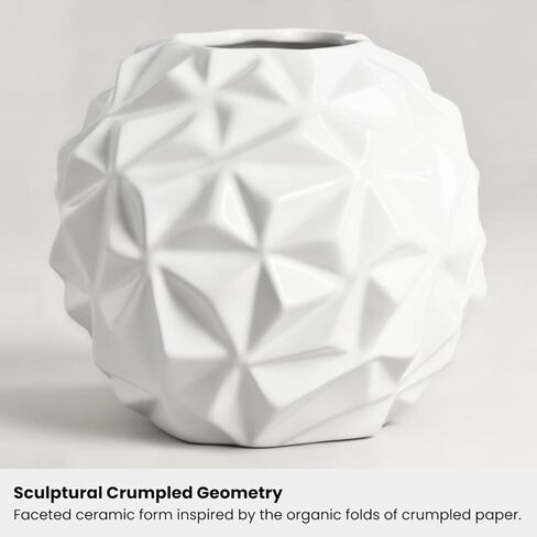 Torre & Tagus Crumple White Round Vase with Faceted Textures - 6" Dx5.25 H Tall Modern White Ceramic Vase for Home Decor as Ball Flower Vase with Geometric Design on Coffee Table, Entryway, or Shelf in Kuwait
