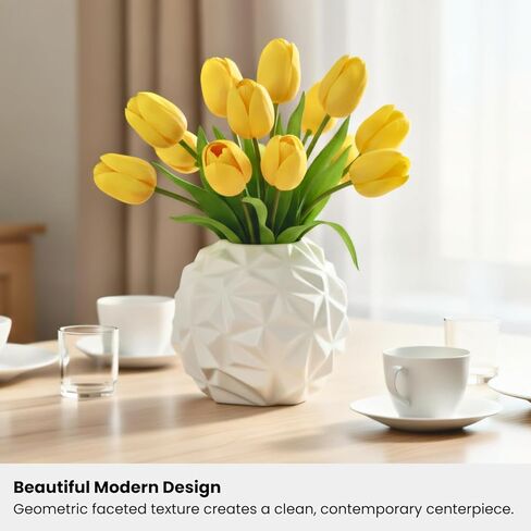 Torre & Tagus Crumple White Round Vase with Faceted Textures - 6" Dx5.25 H Tall Modern White Ceramic Vase for Home Decor as Ball Flower Vase with Geometric Design on Coffee Table, Entryway, or Shelf in Kuwait