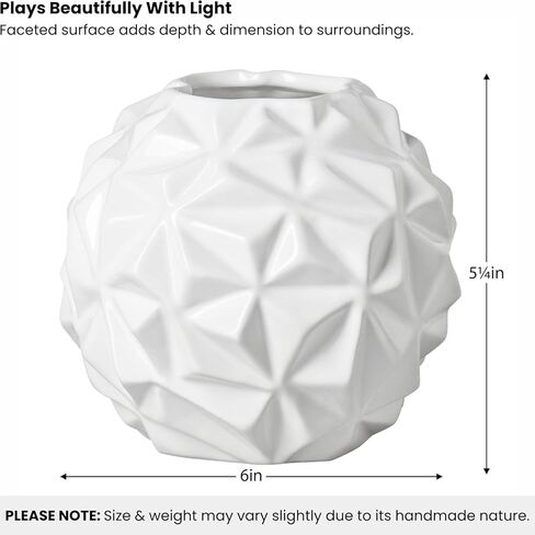 Torre & Tagus Crumple White Round Vase with Faceted Textures - 6" Dx5.25 H Tall Modern White Ceramic Vase for Home Decor as Ball Flower Vase with Geometric Design on Coffee Table, Entryway, or Shelf in Kuwait