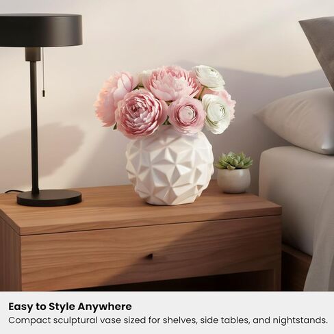 Torre & Tagus Crumple White Round Vase with Faceted Textures - 6" Dx5.25 H Tall Modern White Ceramic Vase for Home Decor as Ball Flower Vase with Geometric Design on Coffee Table, Entryway, or Shelf in Kuwait