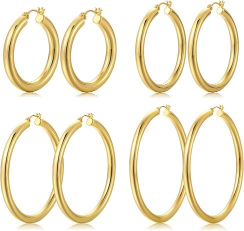مجموعة 4 أزواج من الأقراط الذهبية الكبيرة للنساء، أقراط دائرية كبيرة للهدايا 30 مم/40 مم/50 مم/60 مم in Kuwait