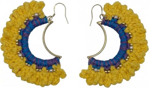 Handmade Crochet Sunrise Hoop Earrings with Soft Yellow Fringe, Lightweight Half-Circle Boho Statement Earrings, 925 Sterling Silver Hooks – KnitAra Sunlit Crescent in Saudi Arabia
